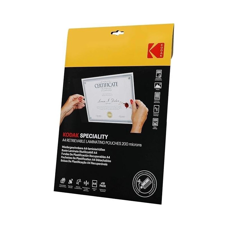 KODAK Retrievable Laminating Pouches KD-LMA4RET-PK10F Pochette de Plastification Réutilisable A4, 200 Microns, Lot de 10