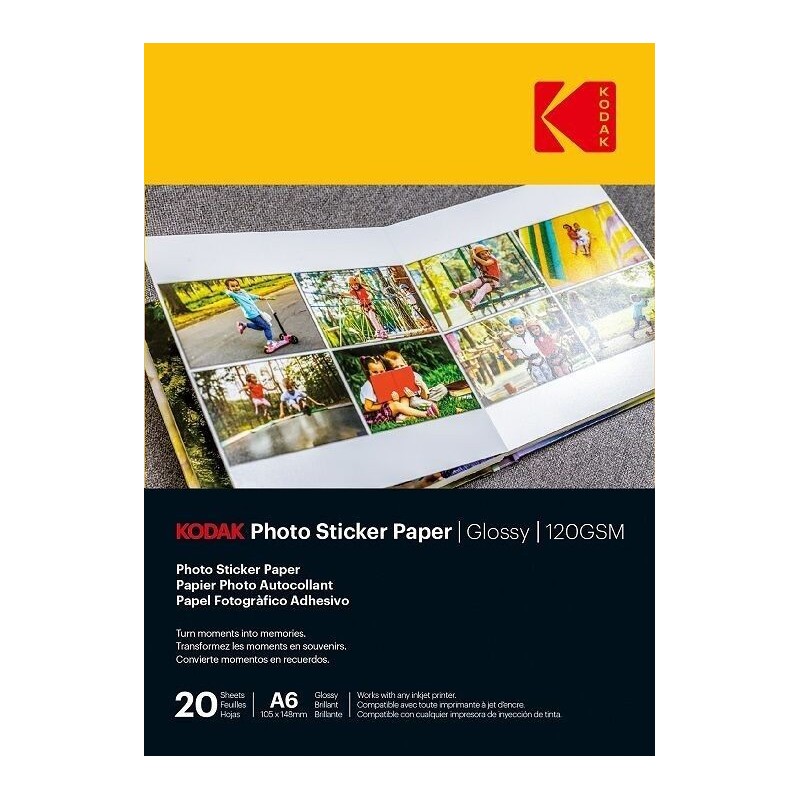 KODAK Photo Sticker Paper Pack de 10 feuilles de papier photo autocollant Format 21 x 29.7 cm (A4) Finition brillante -