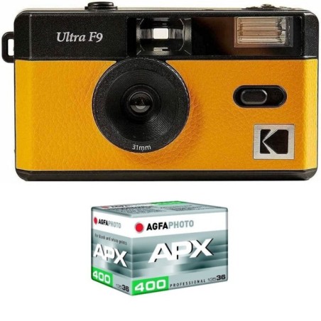 KODAK Pack F9 Argentique + Pellicule 100 ASA Appareil Photo Rechargeable 35mm Jaune, Objectif Grand Angle Fixe