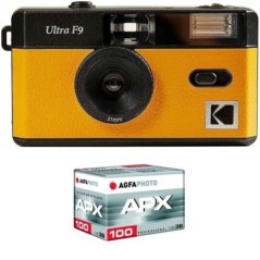 KODAK Pack F9 Argentique + Pellicule 100 ASA - Appareil Photo Rechargeable 35mm Jaune, Objectif Grand Angle Fixe, Viseur Opti