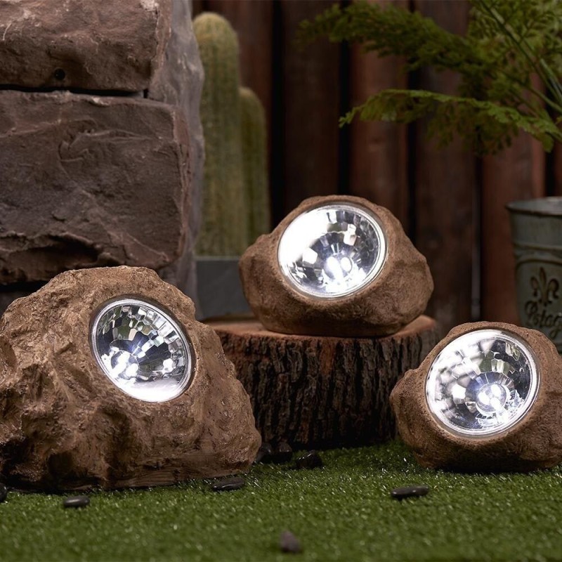 3 rochers solaires de jardin à poser balisage LED blanc 14 et 9cm