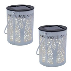 Lot de 2 lanternes solaires blanches métal ombre arbre forêt jeu de lumière LED blanc chaud FOREST H18cm