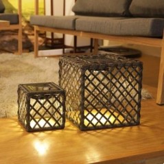 Lot de 2 Lanternes cubes solaires en polyrotin gris LED blanc chaud LOUY H26cm et H16cm