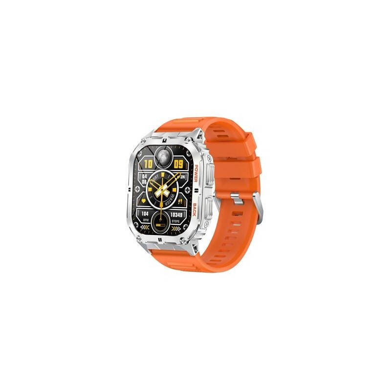 Montre Amoled SW074B Boitier rectangulaire argenté ultra résistant aux chocs et à la poussière Bracelet en silicone orange