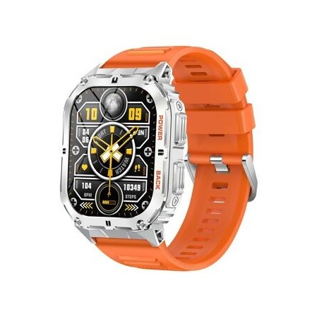 Montre Amoled SW074B Boitier rectangulaire argenté ultra résistant aux chocs et à la poussière Bracelet en silicone orange