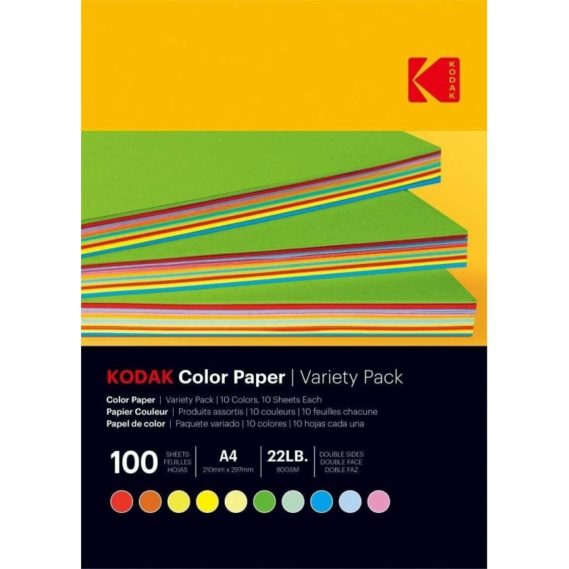 KODAK Color Paper Pack de 100 feuilles de papier coloré Format 21 x 29.7 cm (A4) 10 couleurs disponibles